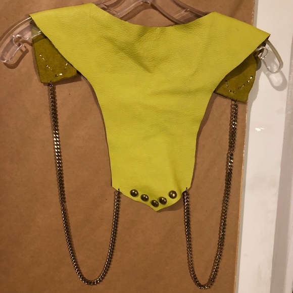 Handcut yellow leather collar vest w brass studs - Picture 3 of 8